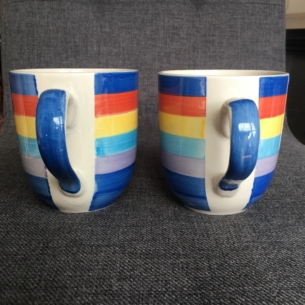 Set/2 Rainbow Striped Ceramic Coffee Mugs, 14 oz